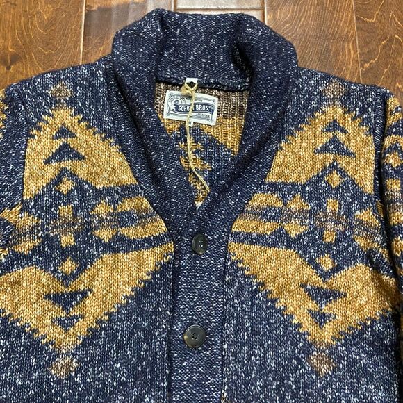 Schott NYC Prescott Southwestern NWT Cardigan Sweater Yak Wool Blue Tan Men's M - Picture 2 of 10